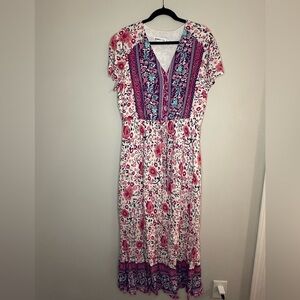 Boho Floral Maxi Dress Pink Purple Print Summer Festival Cottagecore Vintage